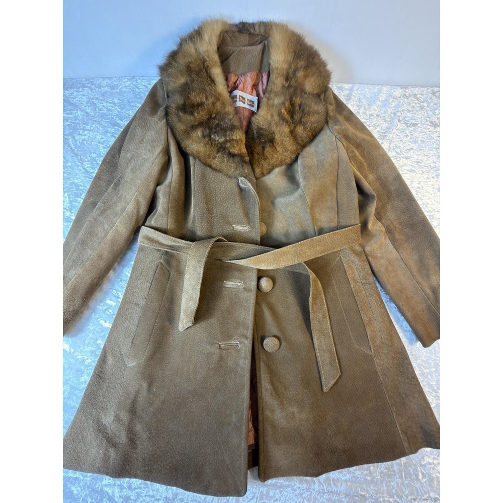 Vintage Leather Fur Collar Coat Womens S Belted Penny Lane 60s 70s Boho